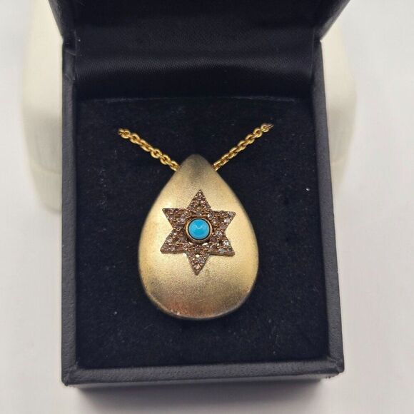 Gold Plated Teardrop Pendant Necklace Star Of David Turquoise Champagne Diamond - Picture 2 of 6